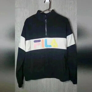 Vintage Fila Quarter Zip Sweatshirt LG Black Fleece Pullover Long Sleeve Pockets